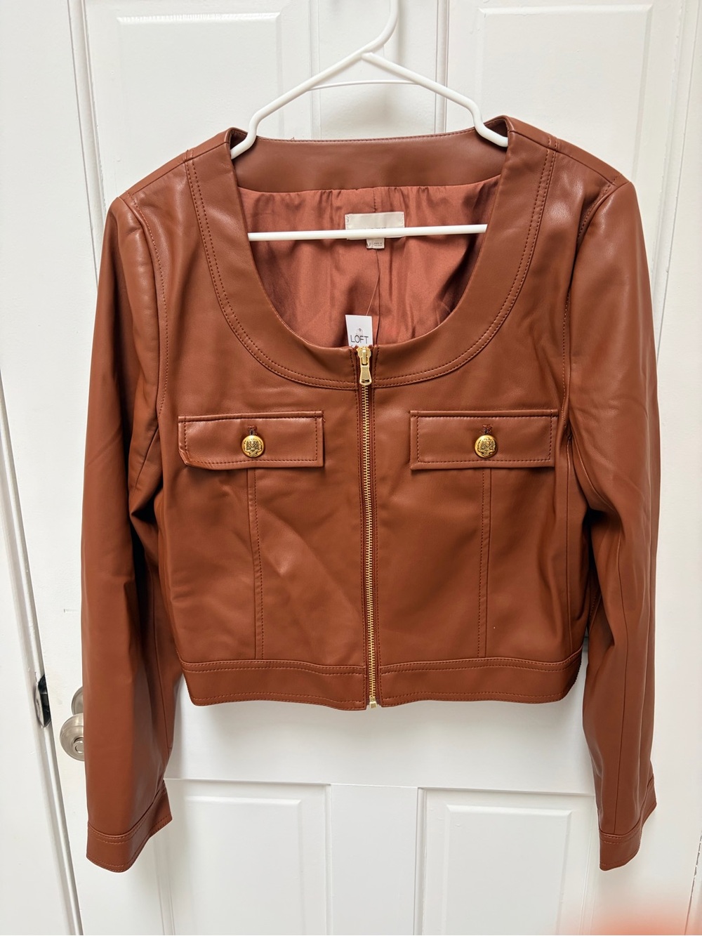 LOFT Cognac Brown Faux Leather Cropped Zip Jacket